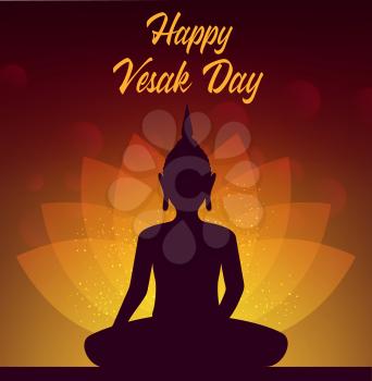 Vesak Day Buddha with lotus vector design of Buddhism religion holiday. Buddhist monk statue of Buddha with lotus flower glowing petals and sparkles, religious greeting card or poster