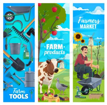 Farming and agriculture, vector banners of cattle farm and farmer agrarian tools. Cow and poultry goose, farm mill on field, fruits and vegetables harvest seedling, gardening and cultivation equipment