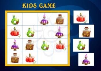 Sudoku game, Halloween puzzle and kid logic play with cartoon witch poison potions. Halloween Sudoku cartoon game template for children IQ education and brain activity quiz or jigsaw