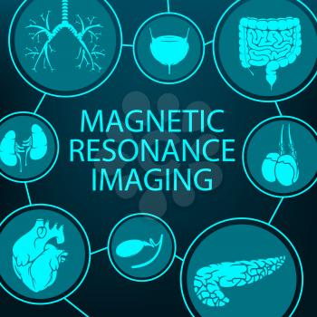 MRI magnetic resonance imaging, medical diagnostic and healthcare clinic radiology, vector poster. MRI analysis and diagnostics of digestive, respiratory and urogenital system for cancer oncology