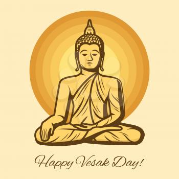 Vesak Day holiday vector greeting card with Buddha statue. Buddhism religion golden sculpture of meditating Buddha, oriental religious festival of Wesak Day commemoration