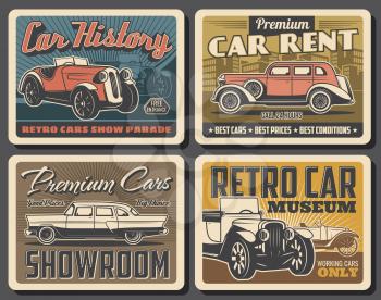Retro cars vector design of vintage auto museum and old vehicles rental salon. Classic automobiles exhibition or motor club show posters with retro convertibles and antique sedan models