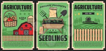 Farming and agriculture industry, farmland fields harvesting, vector vintage poster. Farmer machinery, gardening and agronomy cultivation tools, seedling equipment, organic bio vegetables farming