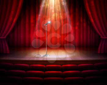 Stage with red curtains, microphone and spotlight, vector realistic background. Theater, cabaret show or opera music concert scene stage with seats, red drapery curtains and golden light from above
