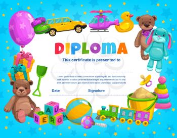 Kids diploma, kindergarten certificate template with baby soft bear and bunny toys. Sand bucket, shovel and train, cube blocks, car and helicopter, child shoes and gift boxes. Diploma for preschool