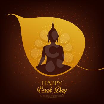 Vesak Day holiday Buddha in vector frame of Buddhism religion holy bodhi tree leaf with glowing lights and sparkles. Buddha birthday commemoration and Asian religious festival greeting card design
