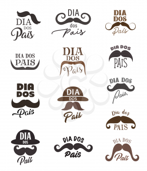 Fathers Day vector icons of Dad holiday with mustaches, retro hats and Portuguese lettering quotes Dia dos Pais. Hipsters moustaches, bowlers and Fathers Day hand drawn font, greeting card design