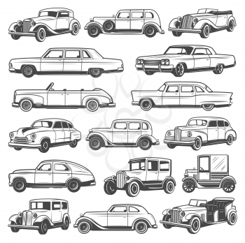 Retro vintage cars. Isolated vector icons set, monochrome old vehicles. Classic antique models, convertible coupe and luxury cabriolet, roadster sport car, minivan or passenger coach