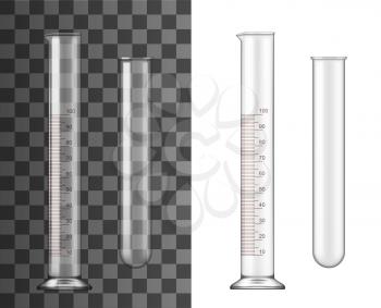 Glass test tubes, chemistry realistic flasks isolated 3d vector. Transparent empty glassware with capacity volume measure lines for chemical or medical laboratory, test tubes template, icon