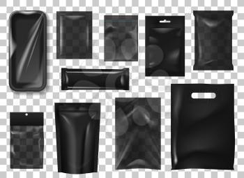 Black pack realistic mock up set. 3d isolated vector sachet or pouch foil paper, plastic zip bags, doy packs with clip. Food, cosmetics package mock up, storyfoam tray with plastic wrapping film, bar
