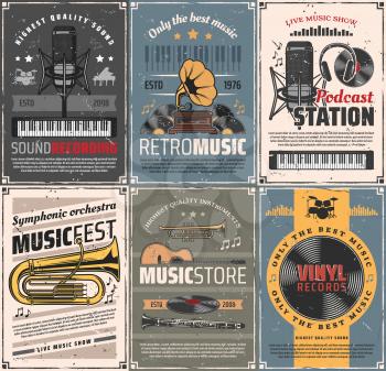 Music and sound recording retro posters. Vector vintage cards with audio gramophone, podcast station and microphone, headphones and vinyl records, trumpet, cornet and clarinet instruments, guitar