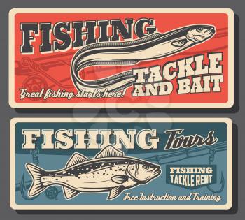 Fishing sport, sea bass and eel fish, tackles and bait posters. Fisherman equipment and fish catch accessories rent. Fishing rods or spinning with hooks and floaters, vector vintage card