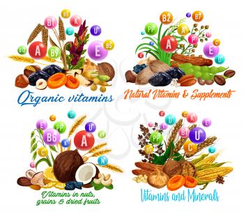 Vitamins in dried fruits, nuts, cereal grains and beans vector design. Raisins, dates and figs, hazelnuts, walnuts and prunes, wheat, almonds and cashews, coconuts, pistachio and oat