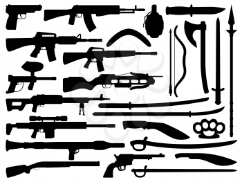 Weapon black vector silhouettes with guns, grenade and knives, firearms and melee weapons. Rifle, shotgun and sniper rifle, machine gun, pistol and assault rifle, sword, machete, axe, arrows