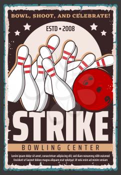 Bowling ball and pins on alley, sport game vector design. Bowling club or center equipment retro poster, sporting tournament and competition promotion