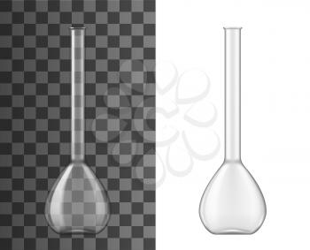 Volumetric flask or glass beaker vector design of measuring lab glassware. Chemical laboratory science equipment of 3d flask with narrow neck, chemistry, biology, medicine and pharmacy themes