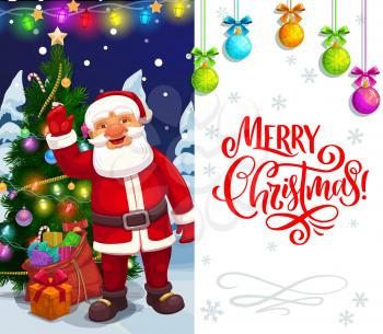 Merry Christmas vector calligraphy greeting, Santa with gifts bag at Xmas tree. Christmas winter holiday poster with snowflakes, balls ornaments and lights decorations