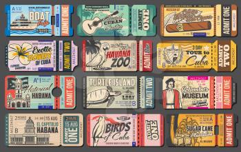 Retro ticket vector templates of Cuba travel design. Cuban tobacco and cigar museum entrance coupon, Havana zoo and guitar concert pass cards, turtle island boat trip invitation design