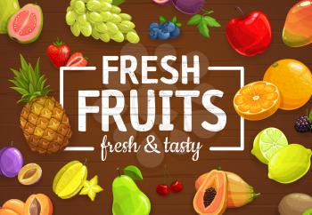 Fruits and berries vector poster, tropical exotic mango, carambola starfruit and papaya, farm garden blueberry, cherry and blackberry. Organic harvest pineapple, peach and grapes, orange and lemon