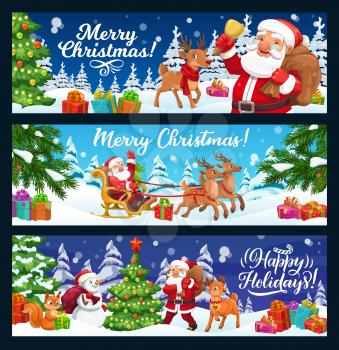 Merry Christmas, winter holidays vector banners with Santa and gifts bag on reindeer sleigh. Christmas greeting calligraphy and cartoon forest animals decorating Xmas tree with lights and balls