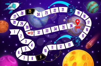 Galaxy kids boardgame, spaceship and planets. Vector space step board game, discovery children riddle with path, ufo saucers, numbers, start, skip and finish. Cartoon maze with alien ships in cosmos