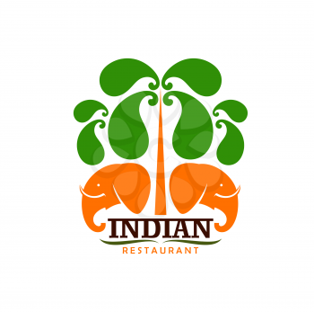 Indian restaurant vector icon with heads of orange elephant and green leaves of palm tree. Spice food of Asia, Indian cuisine ethnic restaurant, vegan cafe or bar isolated symbol and emblem design