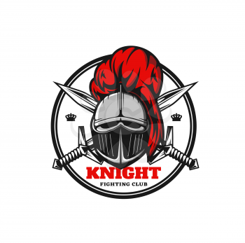 Medieval knight icon, vector emblem with warrior helmet and crossed swords. Heraldic royal paladin with closed visor and red plumage, ancient soldier or guard in armour. Fighting club heraldry label
