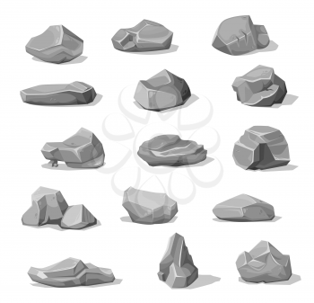 Cartoon rock stones and boulders, grey rubble gravel and cobble piles, vector. Gray rock stones or debris, gravels of concrete or granite rock blocks, cartoon gray pebbles game asset