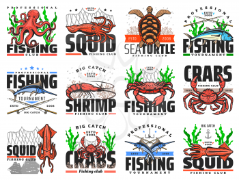 Sea fishing vector emblems for fishing club, professional catch tournament. Fishery equipment for catching sea crab, ocean lobster and squid, tuna, shrimp and prawn with octopus isolated icons set