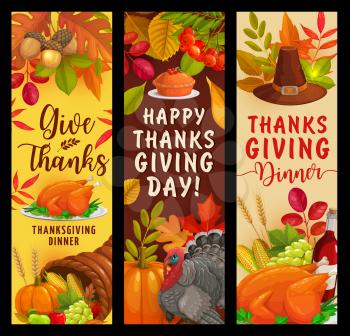 Happy Thanksgiving vector banners with falling leaves, autumn harvest, pumpkin pie, turkey, cornucopia and fruits. Maple, oak or poplar and birch with rowan foliage. Thanks Giving day greeting cards