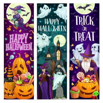 Happy Halloween cartoon vector banners. Witch in purple dress holding broom, Jack-o-lantern pumpkin and spooky ghost at haunted creepy castle on cemetery at night. Trick or treat, sweets for party