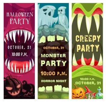 Halloween costumed party posters with monsters opened toothed maws. Pumpkin jack o lantern, creepy ghosts and magic potion cartoon vector. Halloween celebration party promotion banner or flyer