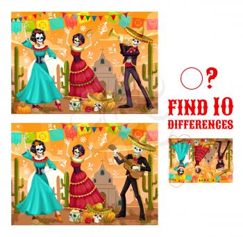 Dia de los Muertos find differences vector maze game with dancing skeletons. Kids educational matching game or puzzle, worksheet template with Day of Dead Mexican holiday skulls, sombrero, cactuses