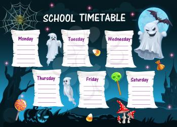 Halloween school timetable with ghosts and holiday treats. Kids study planner, child week schedule vector template. Scary ghosts cartoon characters, bat and spider on web, pumpkin lantern and candies
