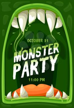 Halloween monster party vector poster with frame of horror zombie mouth, jaws with scary teeth, fangs, tongue and green slime drops. Horror night holiday trick or treat party invitation flyer design