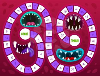 Kids boardgame with monsters toothed maw. Children roll and move game template, child Halloween playing activity. Spooky creatures, vampire or ghoul cartoon vector mouths with fangs, tongue and saliva