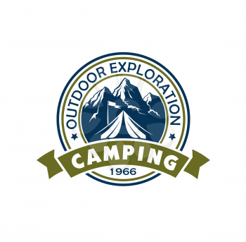 Mountain camping icon with tourist tent and camp flag, mountain range, peaks and river nature landscape. Outdoor adventure isolated round vector icon with ribbon, travel, tourism or scout club