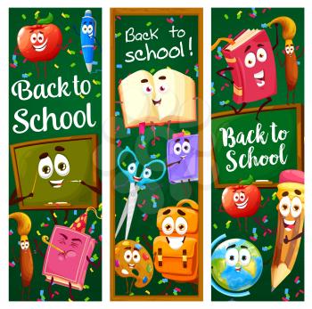 Back to school banners with cartoon education characters and blackboard background. Vector vertical cards with funny learning stuff personages backpack, book, pencil, paintbrush on green chalkboard