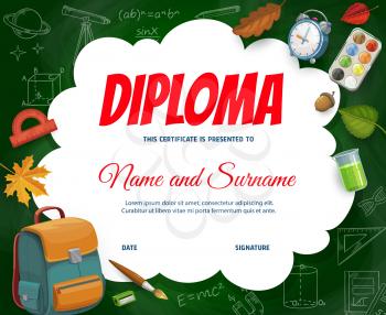 Education diploma with schoolbag, science sketch formulas, school items and autumn fall leaves. Vector certificate with cartoon student stuff, backpack, alarm clock. Kids graduation frame template