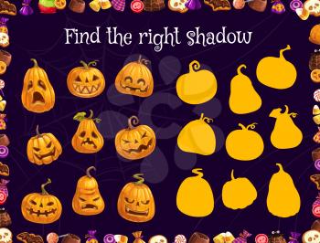 Halloween kids game with find the right silhouette of vector pumpkins and treats. Halloween shadow matching game or puzzle, educational riddle or test with cartoon jack o lantern pumpkins and sweets