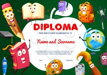 Education diploma with apple shape and cartoon school characters. Vector kids certificate with funny stationery . personages textbook, pen, and pencil, palette, backpack with compass, brush and cap