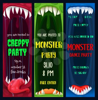 Halloween dance and creepy monsters party posters. Monster toothed maws with sharp fangs and tongue in saliva cartoon vector. Halloween celebration event flyer or leaflet template