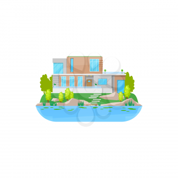 House at water, building, home cottage or villa, vector modern residential estate. Isolated flat icon of private house at lake or river or village townhouse with stairs to sea