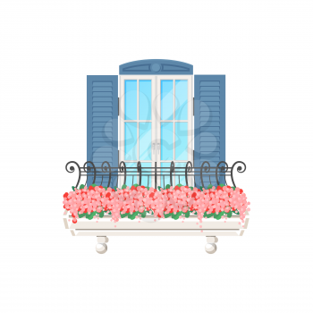 Balcony house with window, vintage facade building, vector flat apartments banister. Balcony with shutter blinds and porch of wrought lattice with flowers and glass door at terrace