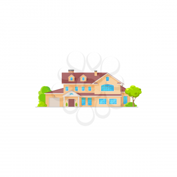 Luxury house, cottage and residential building, real estate isolated vector icon. Cartoon exterior facade architecture of family two story home mansion with attic, apartment or villa property