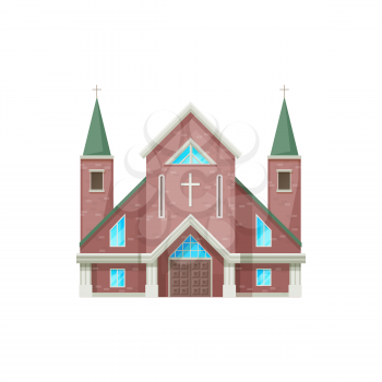 Catholic church building vector icon. Cathedral, chapel and monastery facade, medieval church exterior, christian religious architecture of red brick with cross on steeples, isolated cartoon symbol