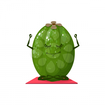 Feijoa fruit in meditation, vector cartoon character and healthy life in vitamins. Feijoa with face and smile on yoga mat meditates in lotus, funny tropical fruits in sport or fitness activity