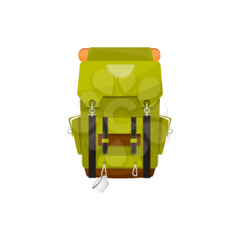 Travel bag with metal mug on back isolated trekking backpack. Vector green knapsack, hiking, climbing mountain sport backpacking equipment with lacing. Expedition haversack, cartoon hikers bag
