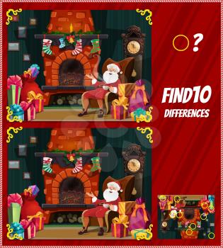 Kids game find ten differences with Santa Claus at fire place. Vector cartoon Christmas character in decorated room with gift boxes and xmas decor. Educational children riddle, task, leisure activity