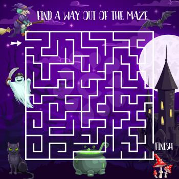 Halloween night labyrinth maze kids game with spooky characters. Vector puzzle, children task, find correct way board game with ghosts at haunted castle, witch on broom, black cat and potion in pot